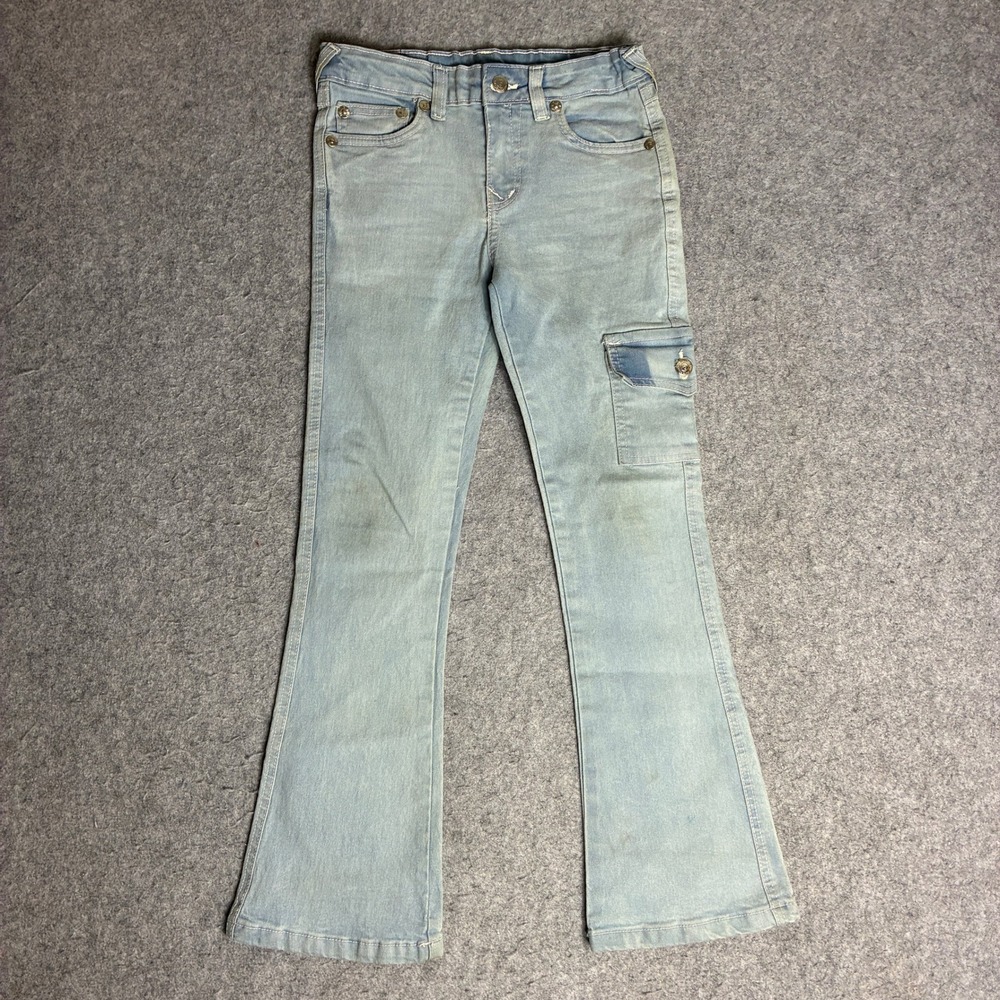 True Religion Cargo Flare Jeans Girls M 10/12 Stretch Waist Light Blue Y2K
